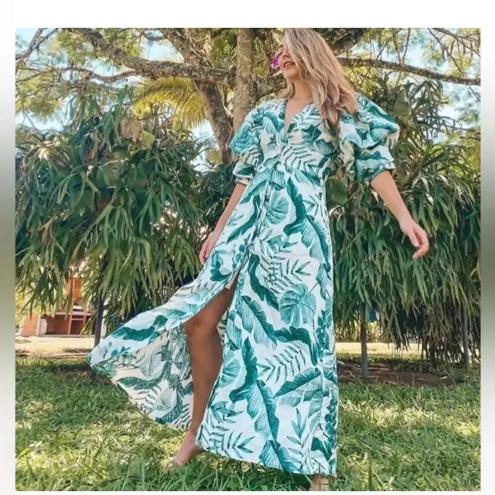 H&M x Johanna Ortiz Green White Linen Leaf Dress - Picture 10 of 11